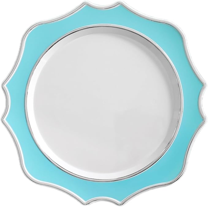 " OCCASIONS " 10 Pieces 13.25'' Scalloped Disposable/Reusable Plastic Charger Plates for Wedding, (Scalloped Imperial Turquoise Blue/Green & Silver)