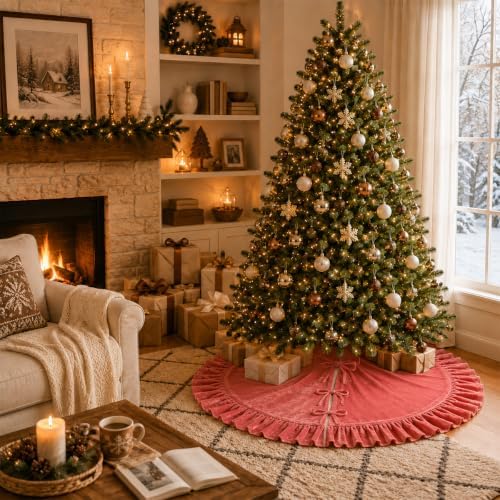 Christmas Tree Skirt,Velvet Tree Skirt with Ruffled Edge, Classic Large Velvet Fur Plush Tree Skirt for Merry Christmas(Rosered,60Inch)