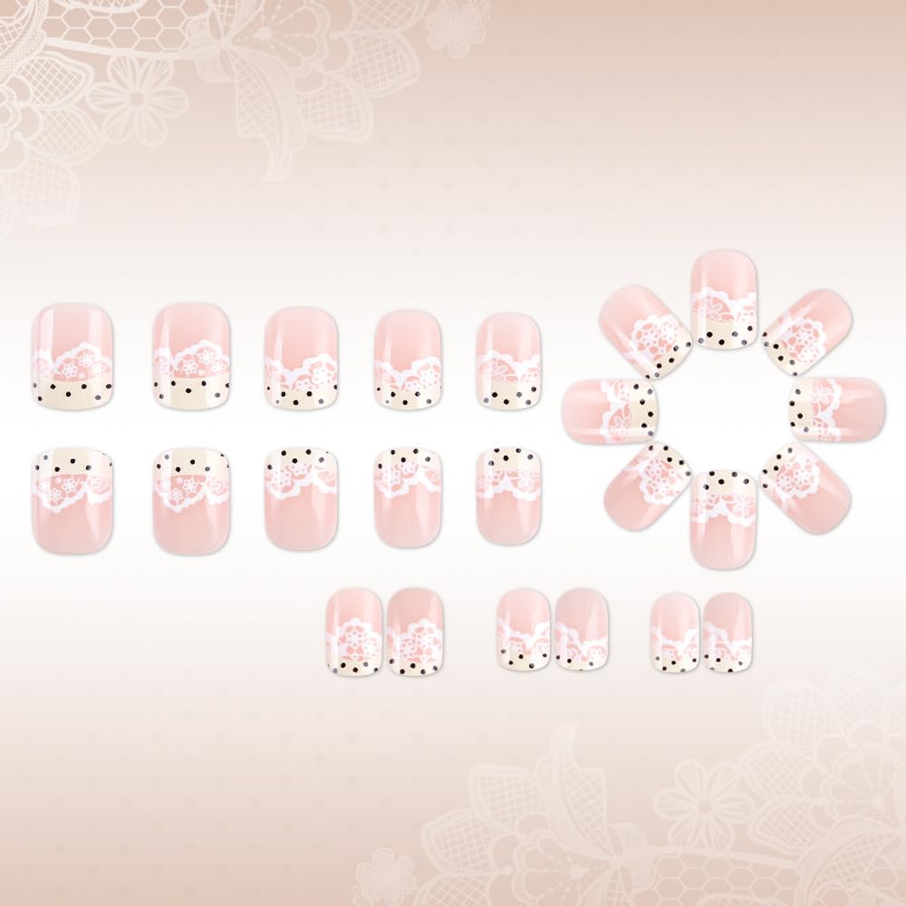 Short Square Press on Nails French Tip Fake Nails Polka Dot False Nails Nude Pink Glue on Nails Cute Lace Acrylic Nails Beige Stick on Nails for Women Manicure 24Pcs