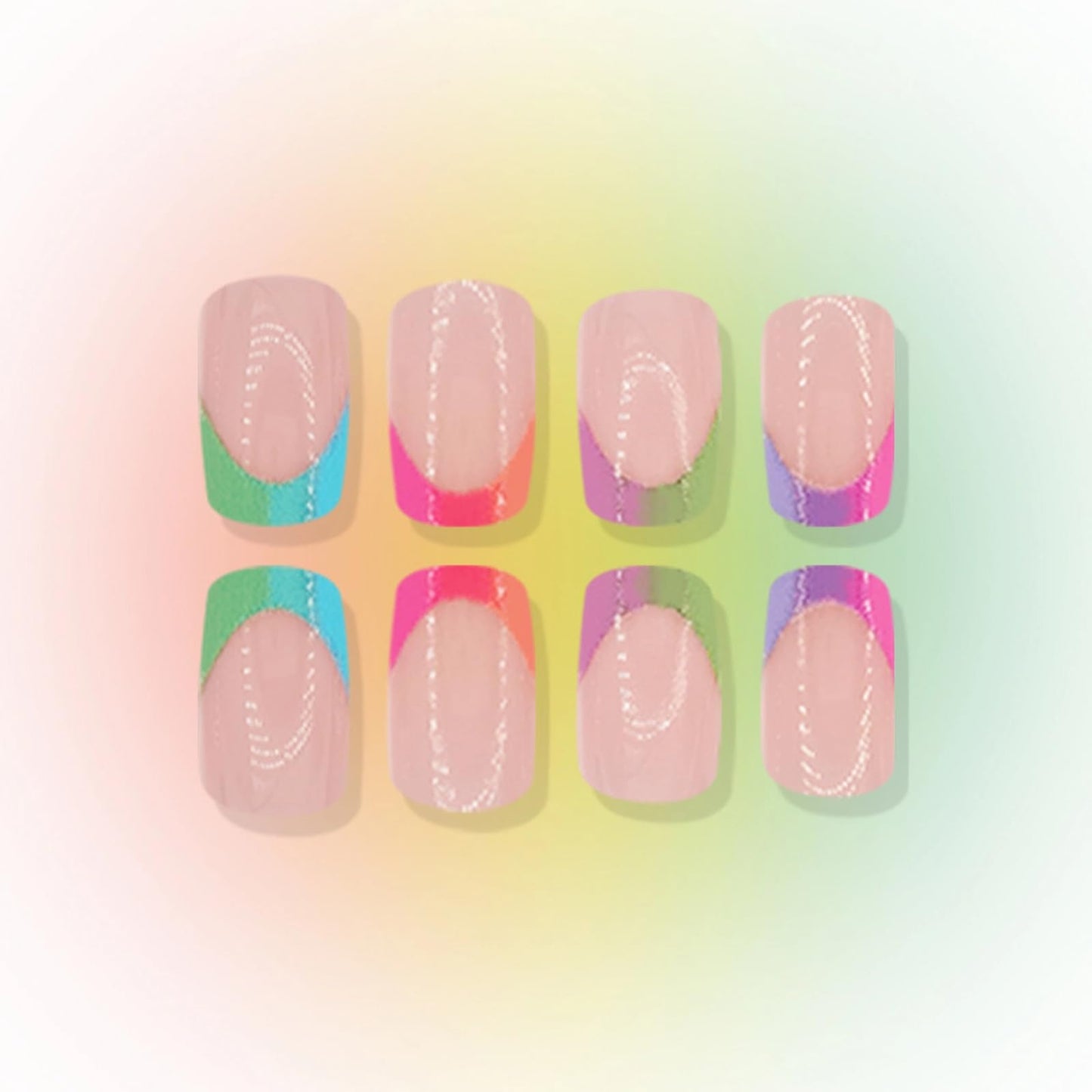 MISUD Press on Nails - Short Square Glue on Nails with Colorful French Tip, Acrylic Summer Rainbow Design 24 pcs