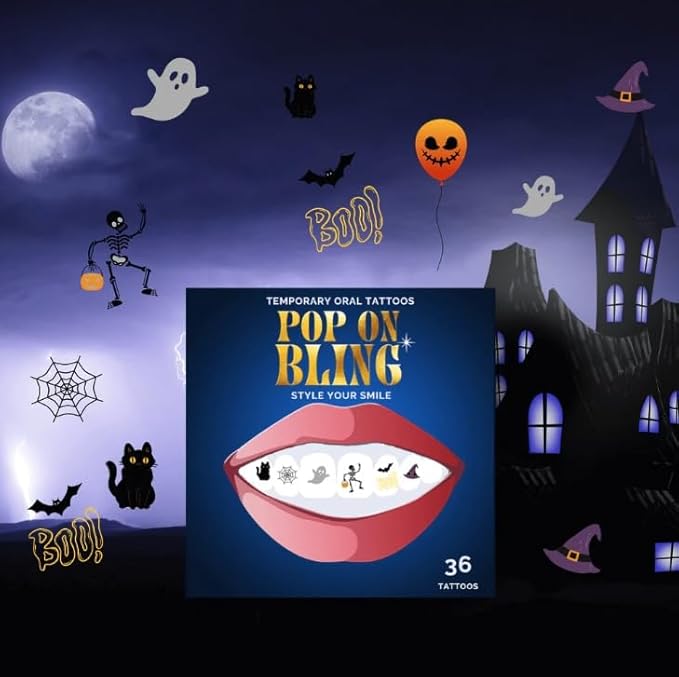 Halloween Tooth Bling Tattoo – Temporary Tooth Gem Kit for Teeth – Safe for Teens & Adults, Removable Fun Fake Tooth Tattoo Stickers for Halloween Costume, Party & Cosplay (Spooky)