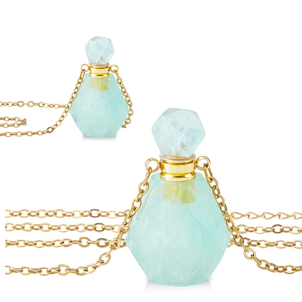 SUPERFINDINGS 2Pcs Perfume Bottle Necklace Essential Oil Diffuser Necklace Green Natural Fluorite Perfume Bottle Pendant with 304 Stainless Steel Chain Gemstone Vial Pendant for Woman Men