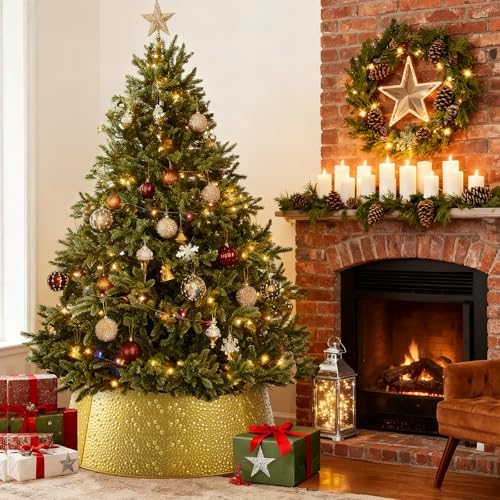 Sweetcrispy 26inch Metal Christmas Tree Collar, 4-Panel Base Cover for 7.5ft Artificial Trees, Rustproof & Easy Assembly, Sturdy & Durable for Holiday Decor, Gold