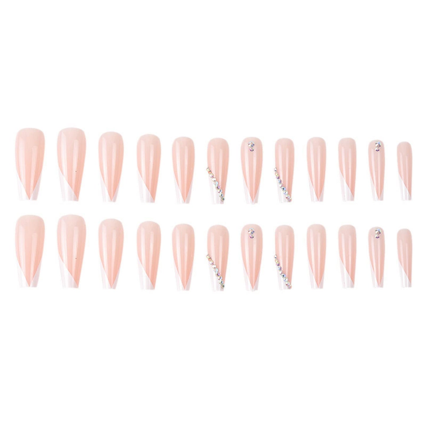 MISUD Press on Nails - Long Coffin Glue on Nails with White French Tip, Acrylic Rhinestone Design 24 pcs