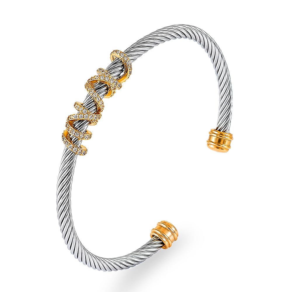 WCB1FPu Stainless Steel Cable Wire Open Cuff Adjustable Size Bangle Zircon inlaid Bracelet (13)