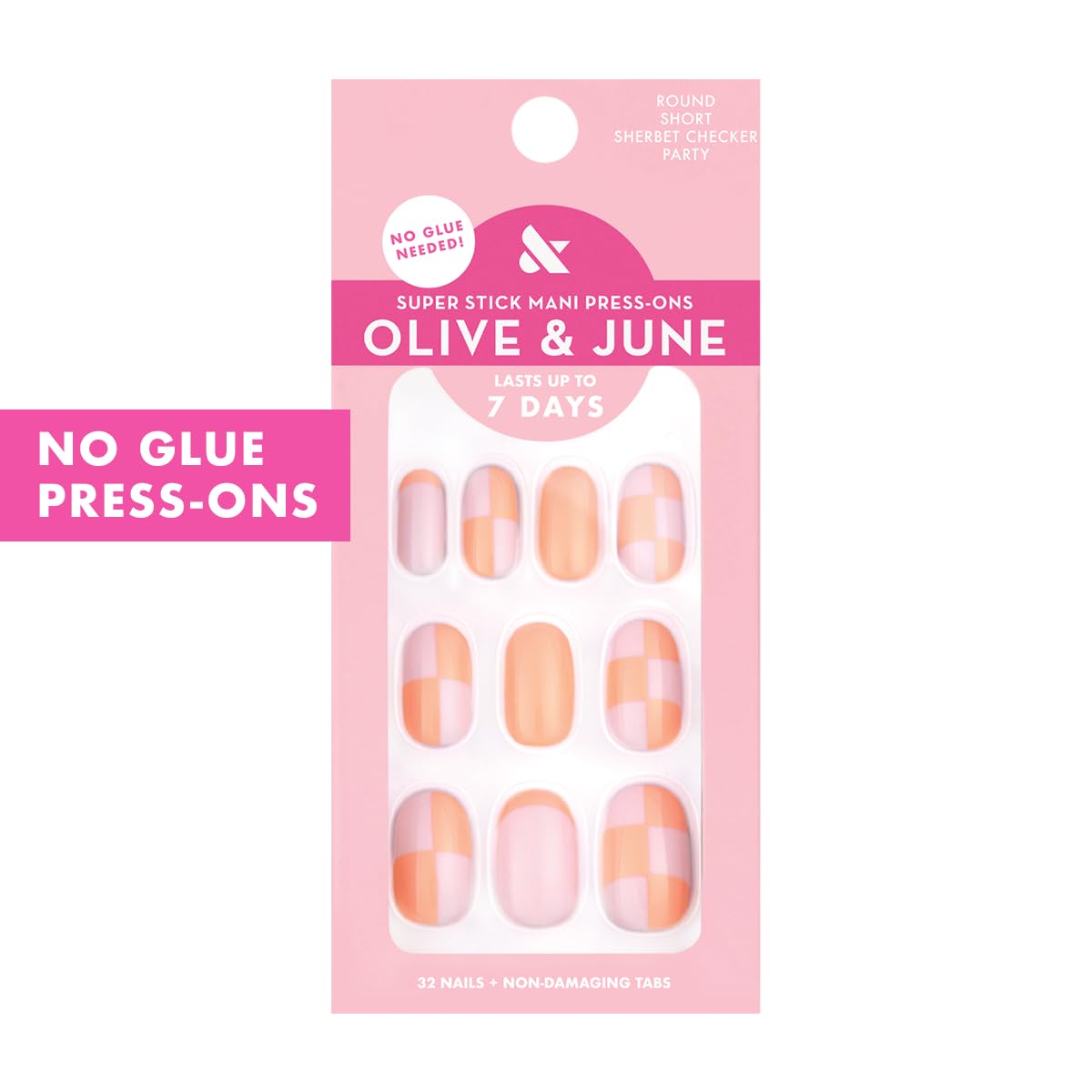 Olive & June Classic Super Stick Mani Press On Nails | No Glue Needed | 32 Tab Nails 16 Sizes | Non-Toxic Tabs Non-Damaging 7-Day Wear | Spring Flowers & Patterns | Short, Round| Sherbert Checker