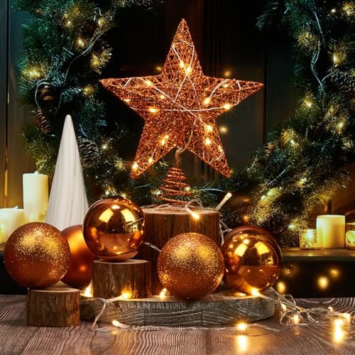 Emopeak 20 LED Christmas Tree Topper, 8 x 10 Inch Indoor Iron Art Star Treetop Light, Two Modes (Keep Light ON/Flash) Orange