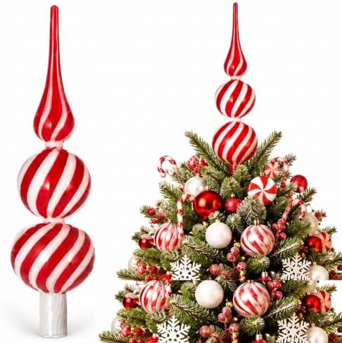 Gejoy Glass Christmas Finials Tree Topper Ornaments Spherical Red and White Candy Glass Xmas Tree Topper Finials Holiday Indoor Suitable for Party Decoration, 9.8inches