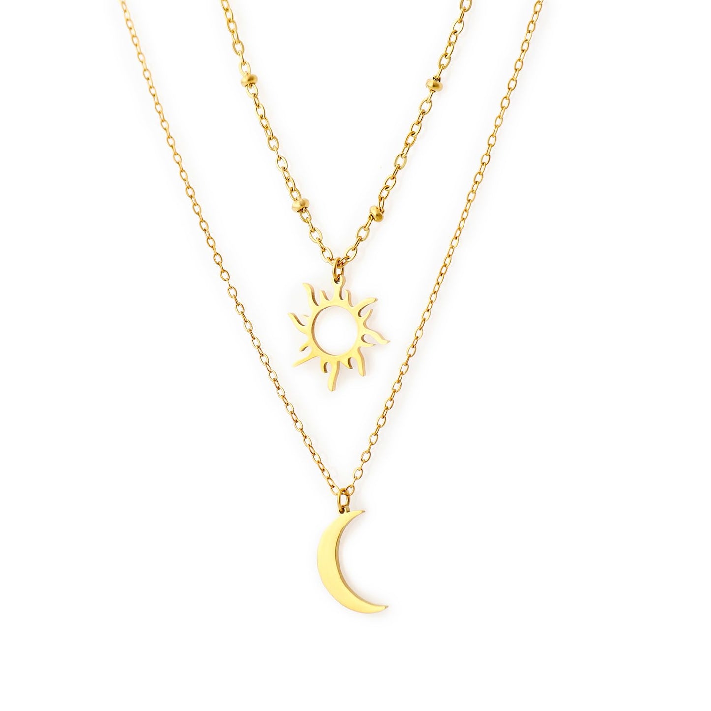 MAIKERDER Sun and Moon Necklace, 14k Gold Plated Dainty Crescent Moon Samll Sun Solar Pendant Necklaces Layered Necklace for Women