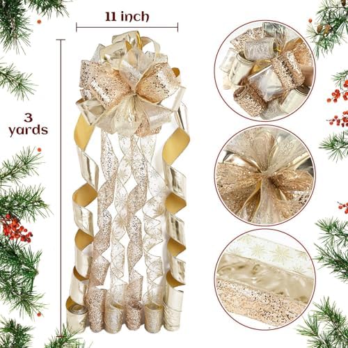 Gold Silver Glitter Christmas Tree Topper Bow 11 Inch with 6 Ribbon Tails 3 Yards Long Wired Ribbon for Holiday Easy Style Party Decoration