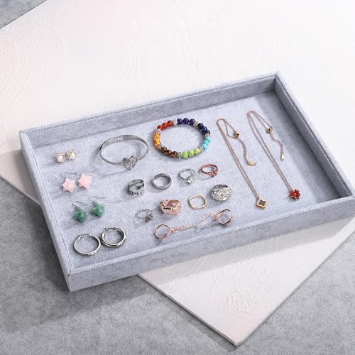 2 Pcs 13.8" x 9.5" Velvet Jewelry Tray Jewelry Display Tray Flat Tray, Stackable Empty Plate Trays for Earrings Necklaces Bracelet Rings Display Showcase - Grey - color: Grey, size: Flat Tray 13.8"x9.5"