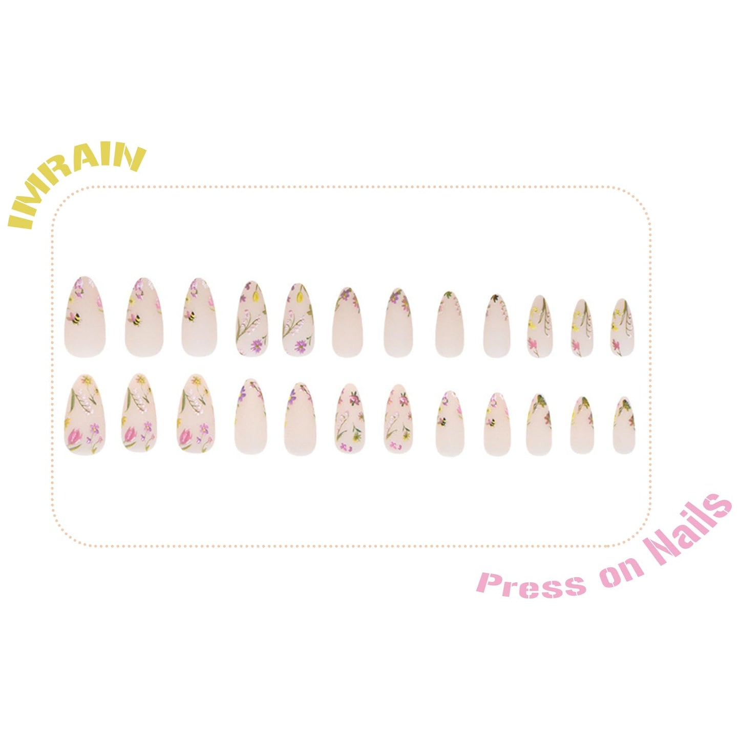 IMRAIN Press on Nails Almond Medium Fake Nails with Flower Designs Glue on Nails Matte Full Cover Acrylic False Nails Summer Cute Floral Stick on Nails for Women