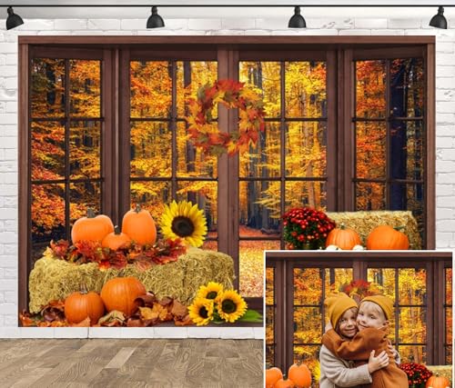 Leowefowa 8x6ft Vinyl Fall Window Backdrop Autumn Forest Pumpkin Photography Background Thanksgiving Party Decorations Baby Shower Birthday Party Background Photo Booth Props - size: 8x6ft