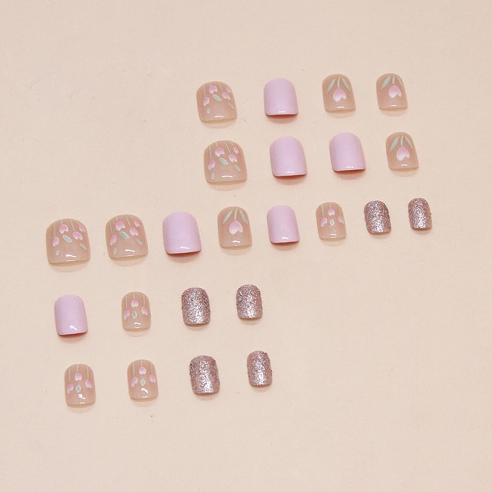 24Pcs Purple Flower Press on Nails Short Tulip Floral Square Fake Nails with Glitter Summer Exquisite Designs Pink Full Cover Glue on Nails Acrylic False Nails for Women Manicure Tips Decorations