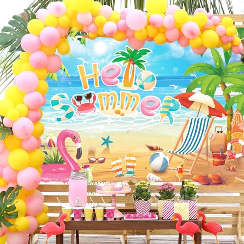 Hello Summer Beach Photo Backdrop, Schools Out for Summer Backdrop, End of School Year Party Decorations, 71 x 43 Inch