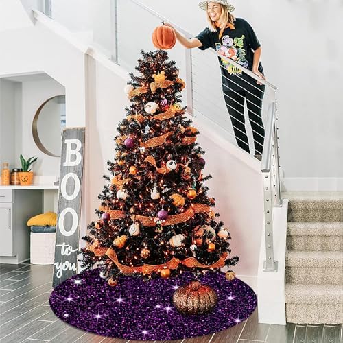 Decorated Xmas Tree Skirt 36 Inch Diameter Purple Sequined Velvet Fabric Decorations Personalized Shimmer Tree Cover Mat Sequin Glitter Tree Skirts for All Occasions Xmas Halloween Tree Decorations