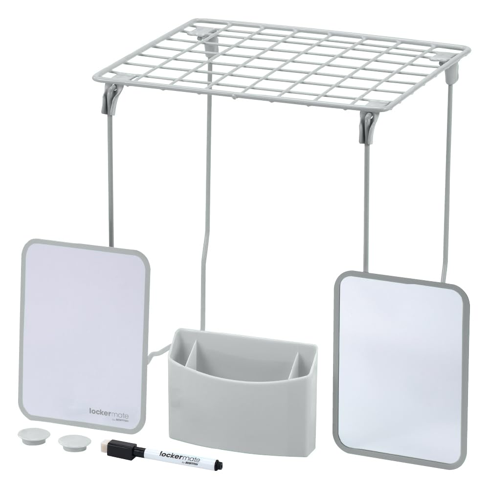LockerMate by Bostitch 7-Piece Locker Organizer Kit, Includes Locker Shelf, Mirror, Whiteboard, Storage Cup & Dry Erase Marker - Gray