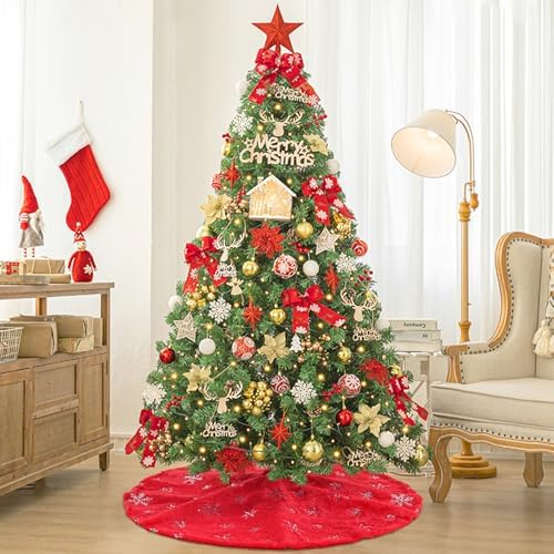 Christmas Tree Skirt Red Faux Fur with Silver Sequin Snowflakes 48 Inch Large Red Thick Xmas Plush Tree Skirt Ornaments