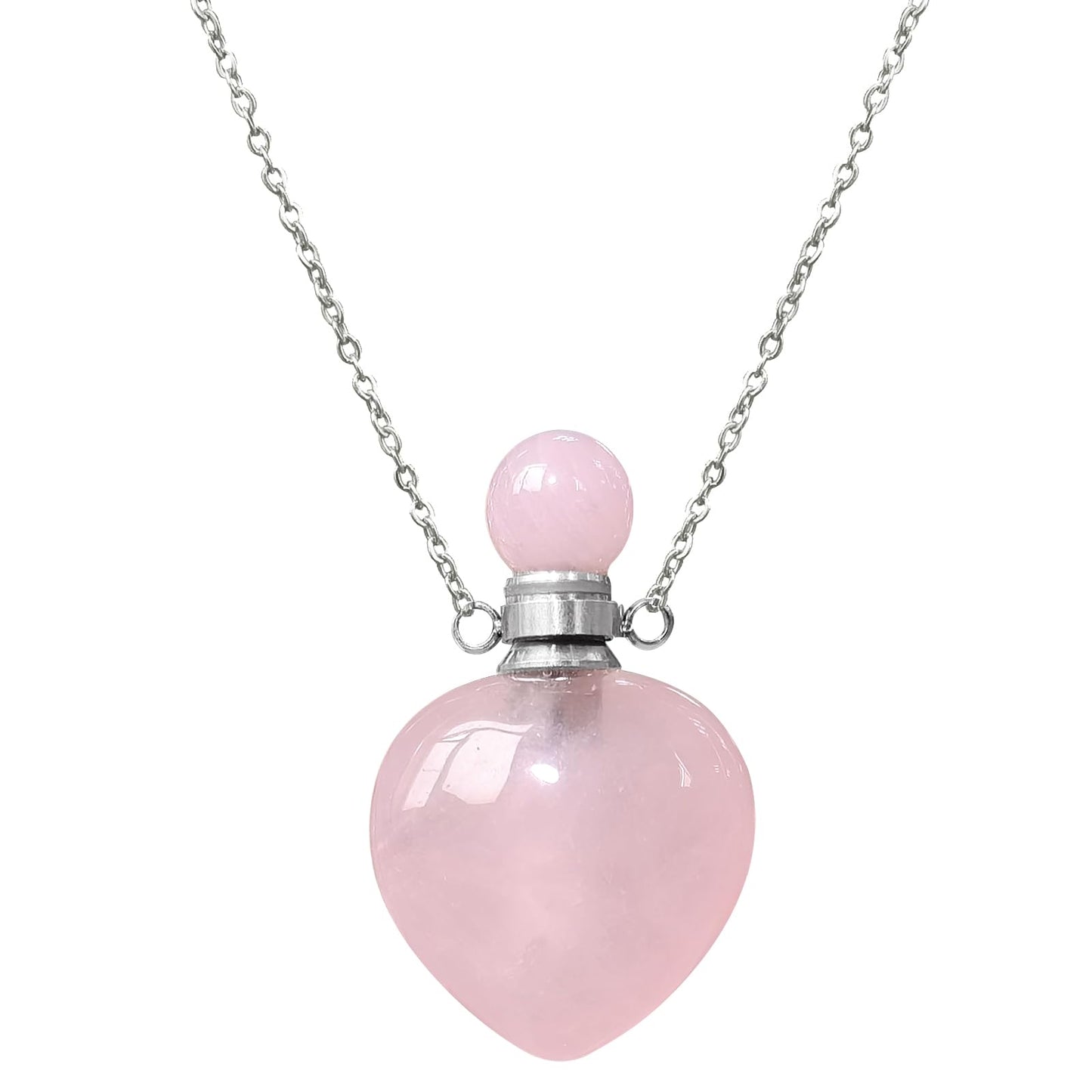 Ladywowu Rose Quartz Necklace, Heart Shape Perfume Bottle Necklace for essential oil, Silver Tone Vial Necklace for Aromatherapy Liquid
