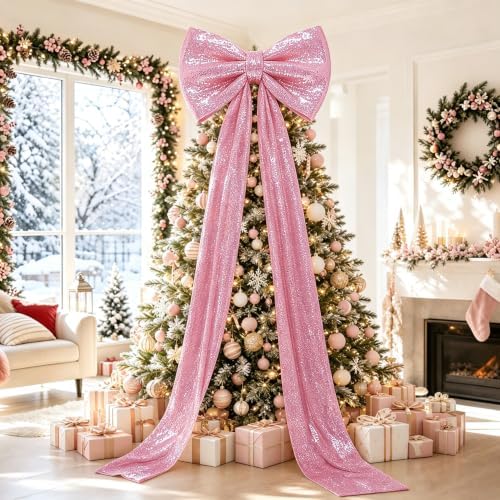 Giant Sequin Bow Pink Christmas Tree Bows 75 x 23 Inch Large Bow for Christmas Oversized Big Glitter Bows with Long Streamers for Front Door Xmas Tree Topper Room Wall Backdrop