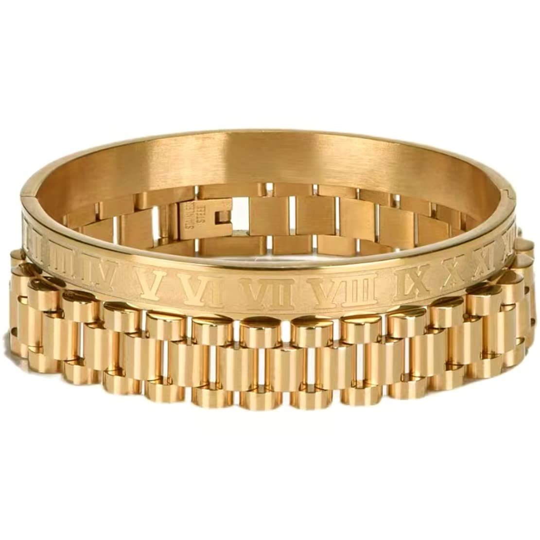Jarlinwel Gold Silver Plated Bracelets for Men Women Roman Numeral Bangle Bracelet Stainless Steel Personalized Engraved Unisex Gift (2 Pcs Strap Bracelet)