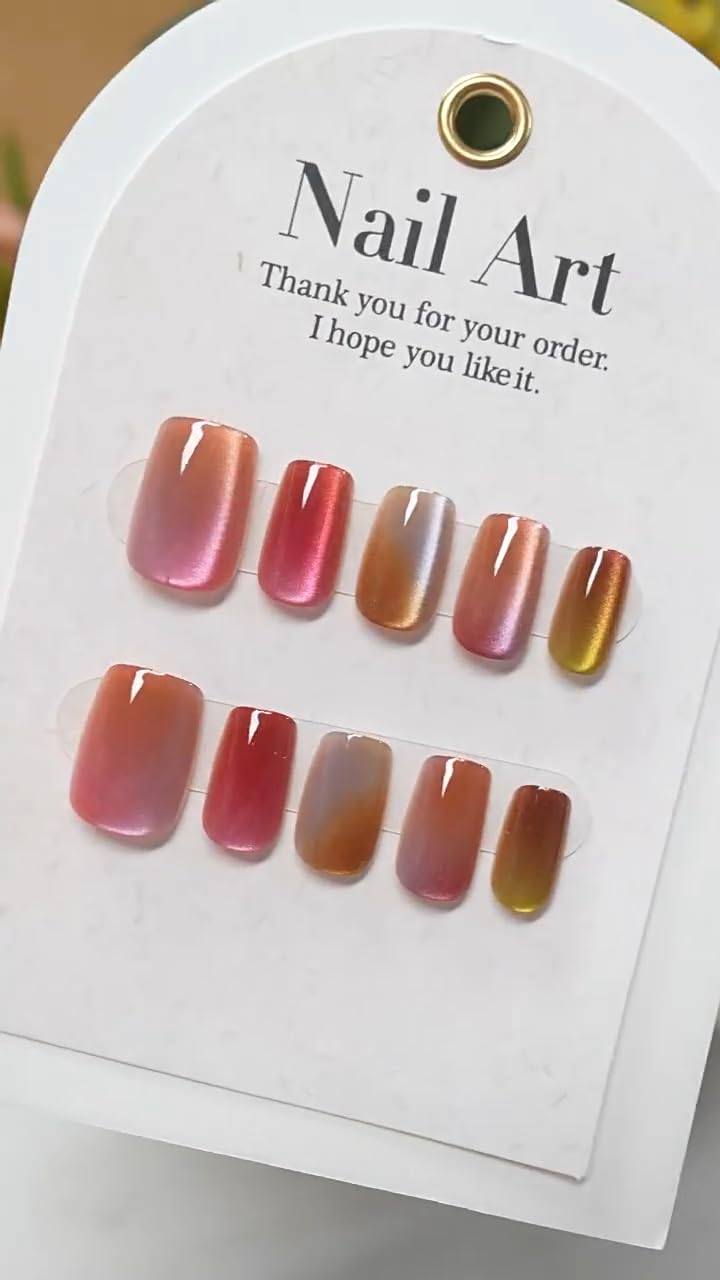 Cat Eye Press on Nails Short Square Fake Nails Rainbow Candy Acrylic Nails Cute Pink Gradient False Nails Press ons Glossy Shiny Glue on Nail for Women Girls Manicure Deco