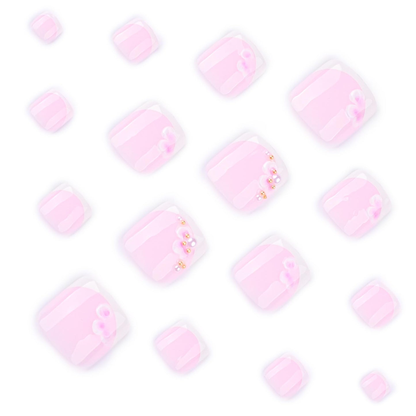 French Tip Press on Toe Nails Short Square Fake Toenails Pink 3D Flowers Acrylic Toe Nails Glossy Nature False Toenails Reusable Full Cover Glue on Artificial Nails for Women Manicure Decor 24Pcs