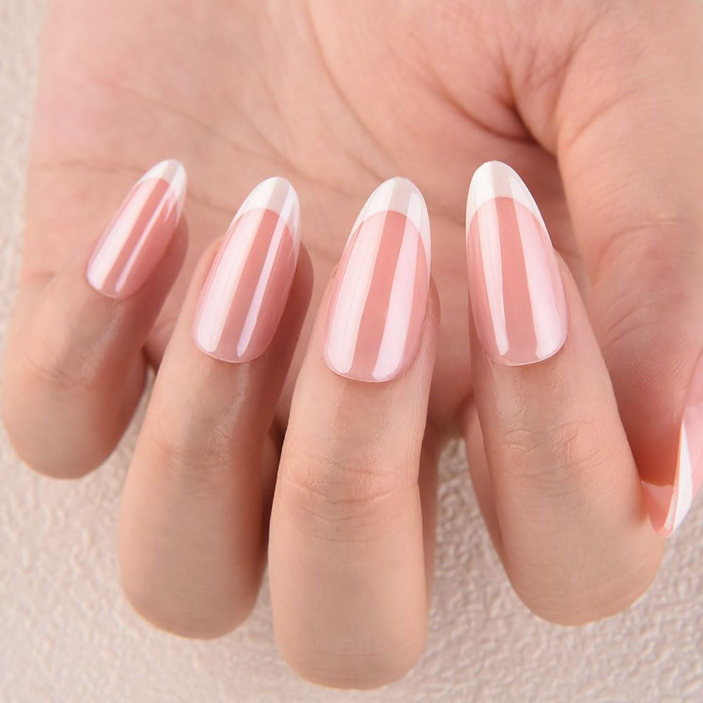 evpct French Tip Press On Nails Almond Medium, Warm Pink + Wihte Tips, Chrome Glazed Glossy Medium Almond Fake False Press on Nails, Reusable Gel Stick on nail Press ons Nail Kit, Salon Quality