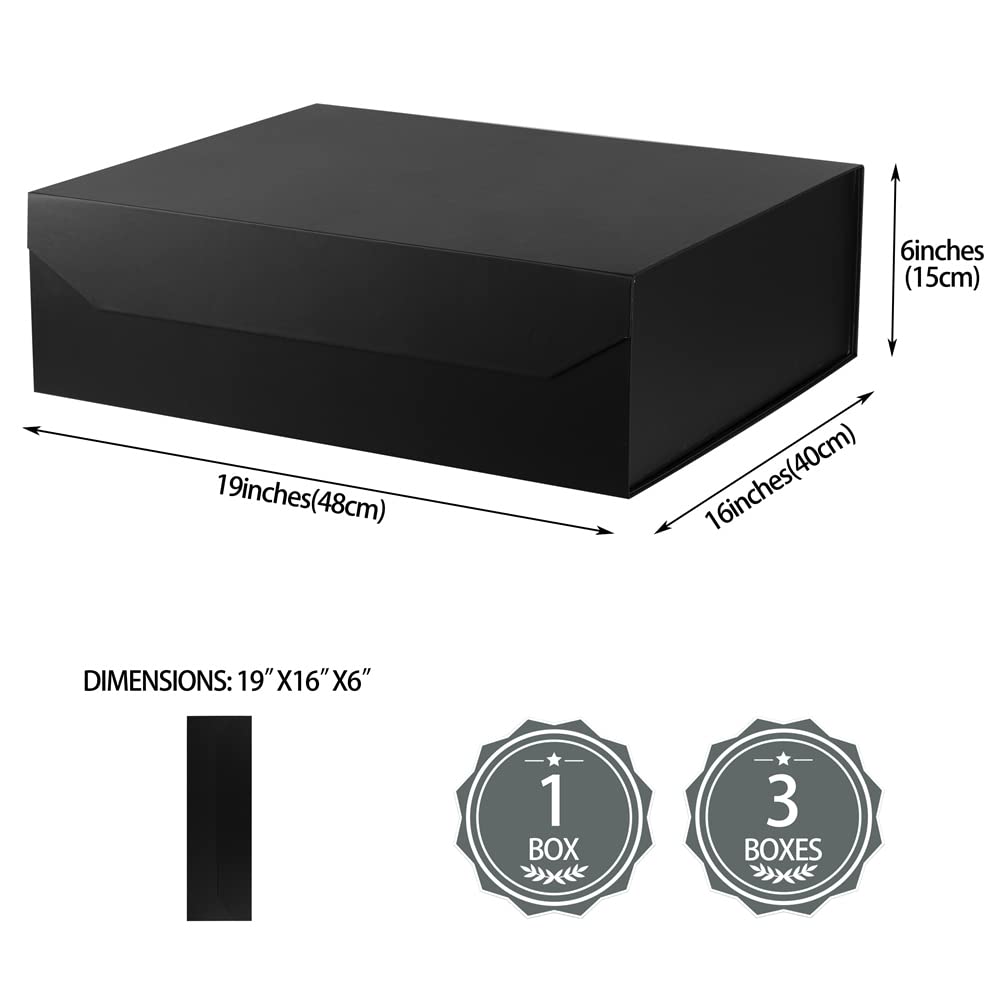 PACKGILO Black Extra Large Gift Box with Lid 1 Pcs 19x16x6 Inches, Gift Box large Black Gift Boxes for Presents Clothes Robe Wedding Dress Sweater,Reusable Foldable Bridesmaid Proposal Box（Matte）