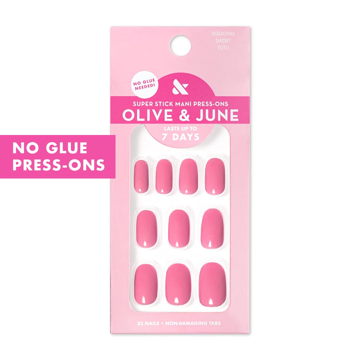 Olive & June Classic Super Stick Mani Press On Nails | No Glue Needed | 32 Tab Nails 16 Sizes | Non-Toxic Tabs Non-Damaging 7-Day Wear | Spring Flowers & Patterns | Short, Round | Taffy Bright Pink