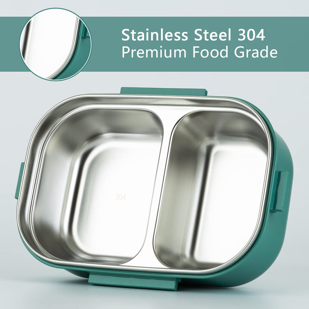 Lille Home 28oz Stainless Steel Leakproof 2-Compartment Bento Lunch Box/Portion Control Food Container with Lunch Bag and Cutlery Set, BPA Free