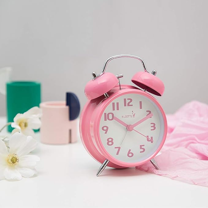 FLOITTUY {Loud Alarm for Deep Sleepers) 4'' Twin Bell Alarm Clock with Backlight for Bedroom and Home Decoration(Pink)