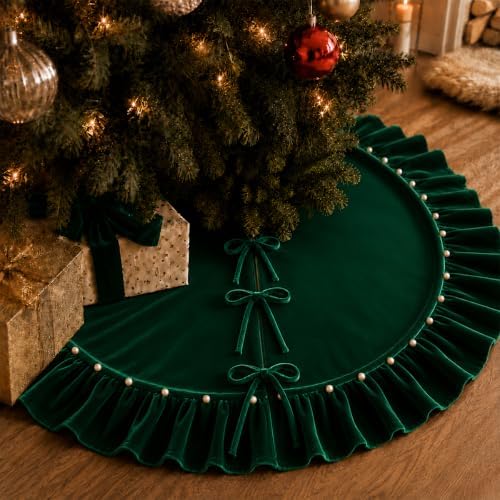 Christmas Tree Skirt,Velvet Tree Skirt with Ruffled Edge with Pearls, Classic Large Velvet Fur Plush Tree Skirt for Merry Christmas(DarkGreen,60Inch)