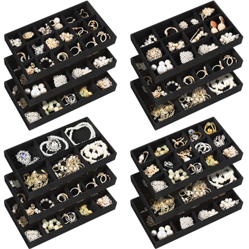 Junkin 12 Pcs Jewelry Tray Velvet Stackable Jewelry Organizer Trays Divided Earring Accessories Storage Containers Box (Rose Red) - color: Black