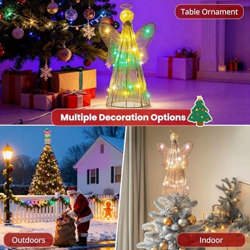 Christmas Tree Topper, 3D Gold Angel with Multi‑Color LED Lights, Smart APP Control and Music Sync Lighted Xmas Tree Topper for Indoor Home Desktop Decorations