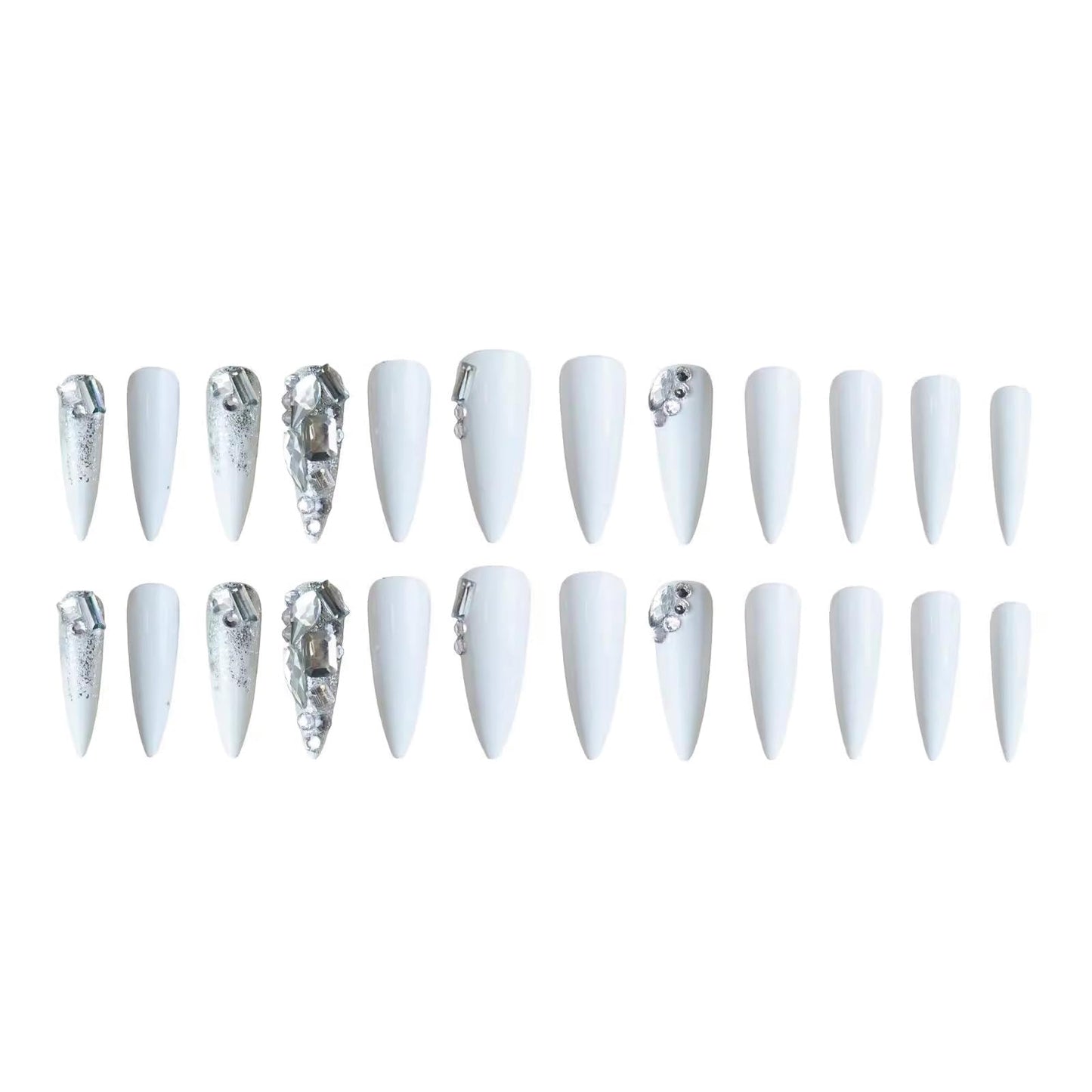 SINHOT Luxury Rhinestone Acrylic Glossy Glue on Nails - White Almond Artificial Stick on False Nails with Design 24 pcs