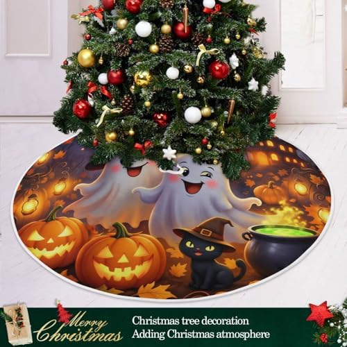 Halloween Christmas Tree Skirt Decoration, Large Tree Skirt Ornament 48 Inch with Halloween Ghost Pumpkins Xmas Tree Skirts Seasonal Round Tree Stand Mat for House Party Indoor Home Office Decor