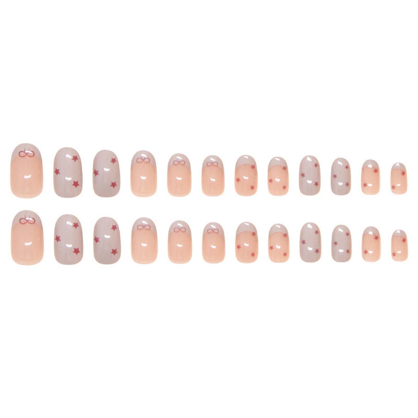 RIICFDD French Tip Press on Nails Short Almond Fake Nails Cute Nails Press ons Full Cover Glossy Stick on Nails with Mini Red Bow Star Designs False Nails Glue on Nails for Women Cute Nails 24 Pcs