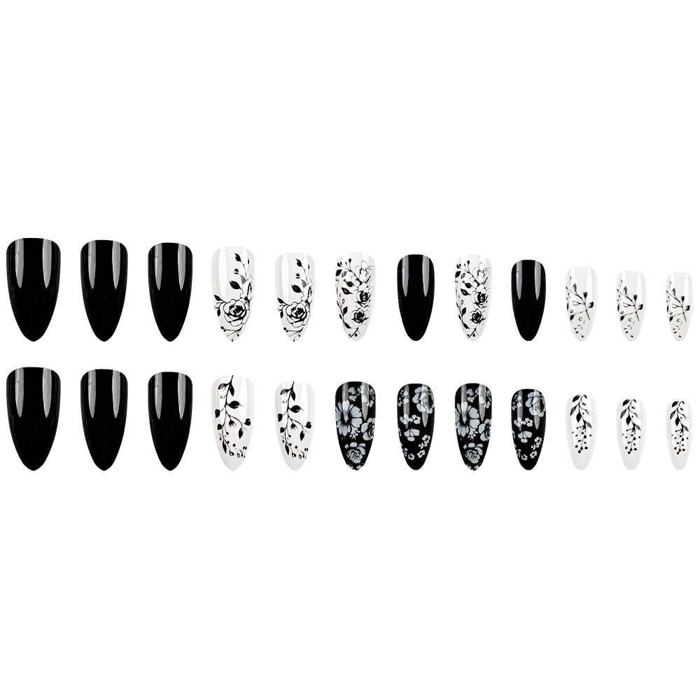 Almond Press On Nails Medium Fake Nails White False Nails With Flower Design Full Cover Acrylic Artificial Glossy Floral Glue On Nail Black Stick On Nail For Women 24pcs