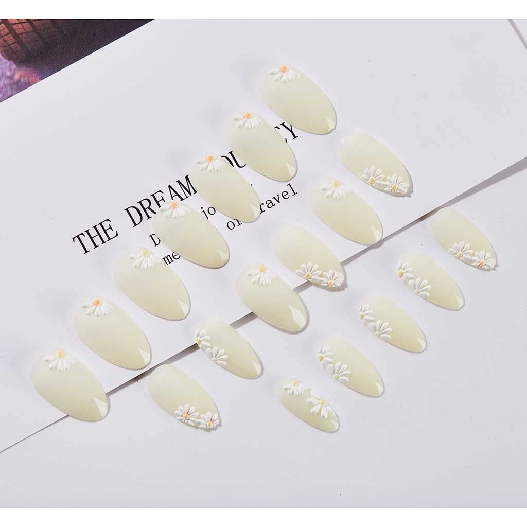 RikView White Almond Press on Nails Medium Fake Nails Nude Stick on Nails Embossed Nails with Daisy Design