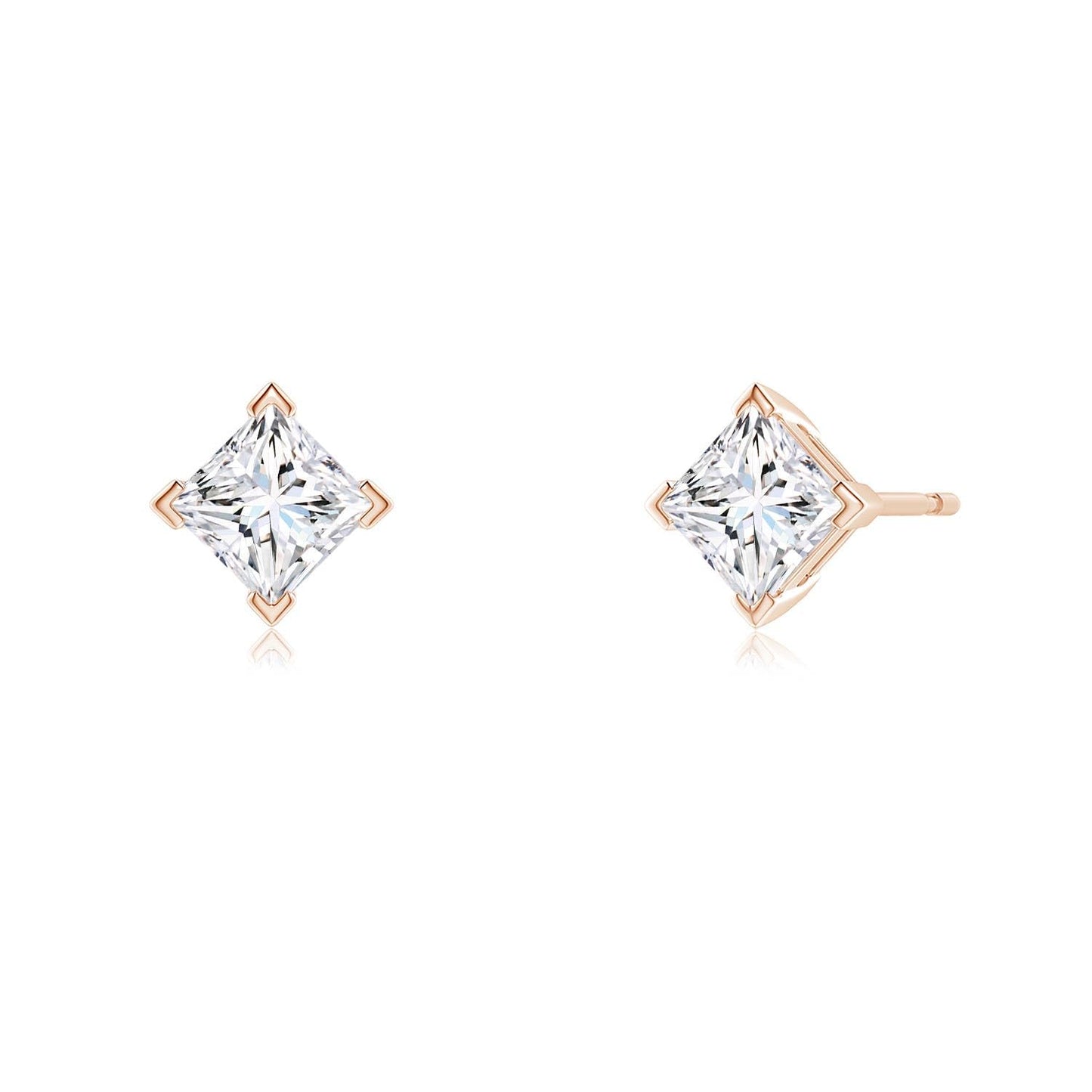 Princess-Cut Lab-Grown Diamond Stud Earrings V-Prong Set 14K Solid Gold (1 carat, 4.4mm, Color-H, Clarity-SI2)