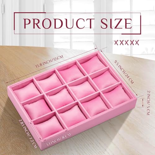 Henoyso 2 Pieces 12 Grid Velvet Watch Tray Jewelry Organizer Stackable Watch Bracelet Bangle Display Holder Adjustable Pillow(Pink) - color: Pink, size: 12 Grid