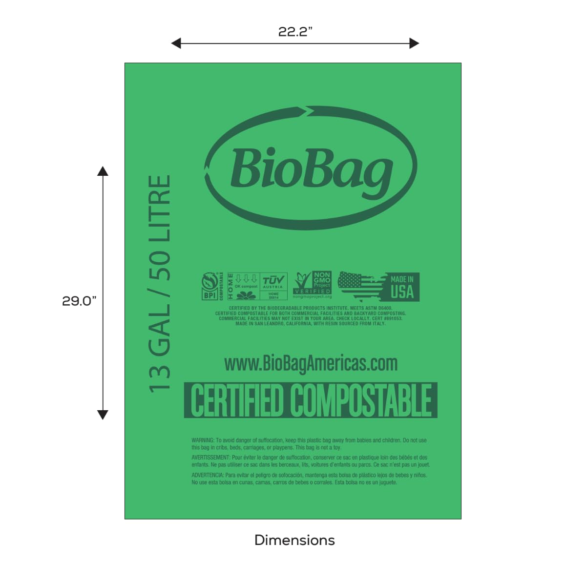 13 Gallon Tall Compostable Thick Trash Bags by BioBag (30 Count)