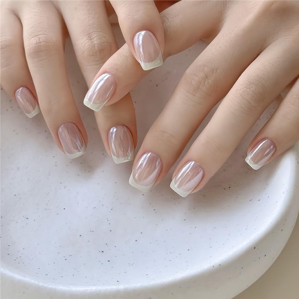 French Tip Press on Nails Short Square Fake Nails Chrome Mirror False Nails Glossy Nature Acrylic Nails Nude Reusable Full Cover Glue on Nails for Women Manicure 24Pcs
