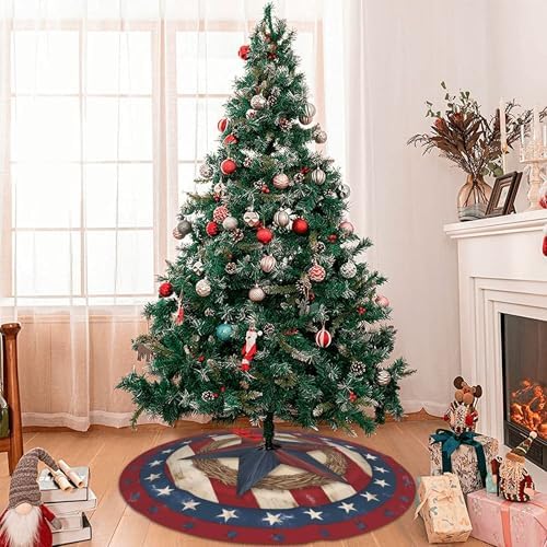 4th of July Patriotic Christmas Tree Skirt 36 Inch Xmas Tree Mat Party Decor Supplies for Holiday Home Decorations