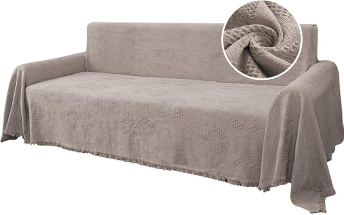 H.VERSAILTEX Cotton Sofa Covers Couch Cover Sofa Slipcover for Most Shape Sofas, Feature Thick Woven Jacquard Seamless with Tassels, Multi-Use Decorative for Couch (X-Large: 71" x 118", Sand)