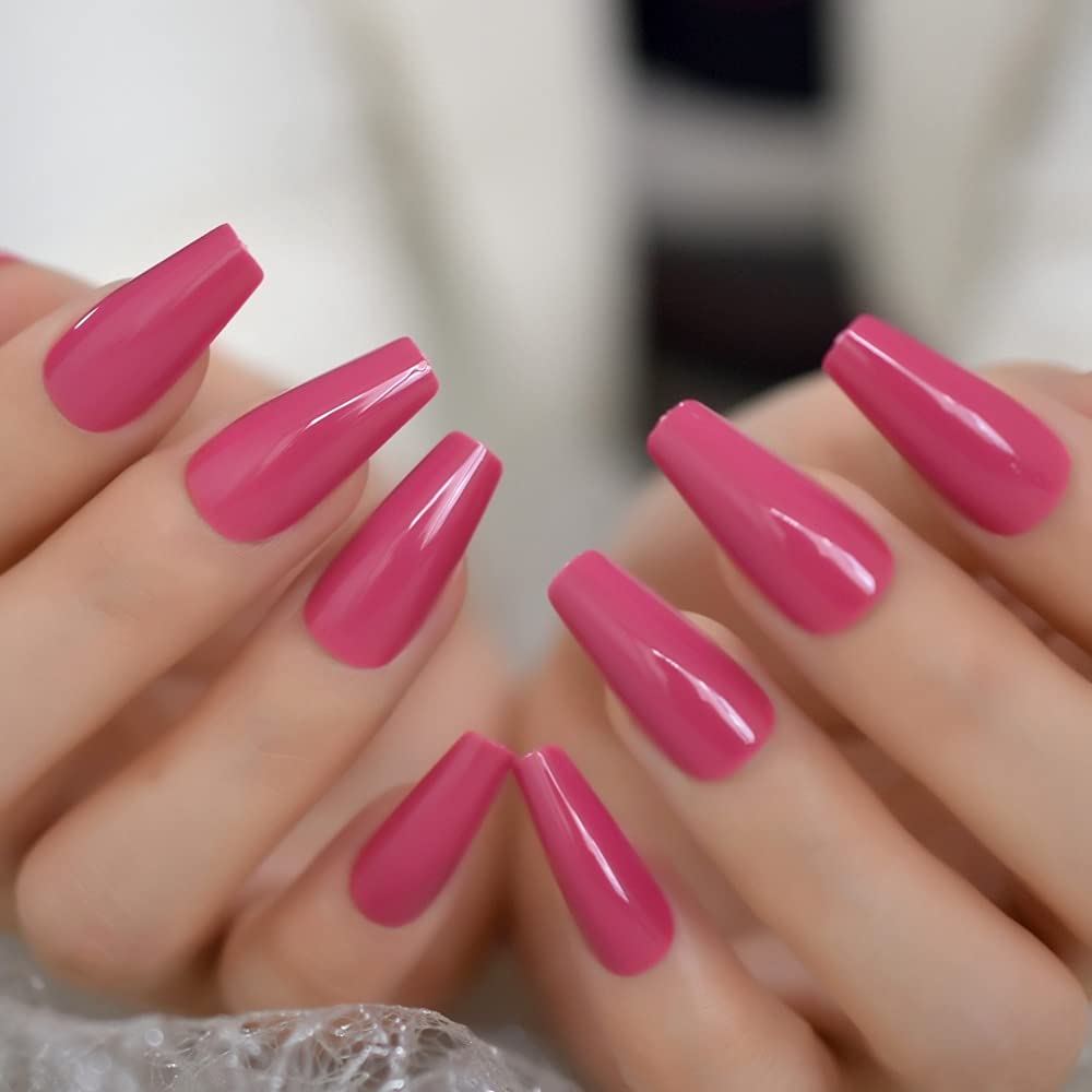 Coolnail Glossy 24pcs Dark Rose Pink Coffin False Nail Tips Acrylic Salon Full Cover Artificial Press On UV Fake Nails With Glue Sticker