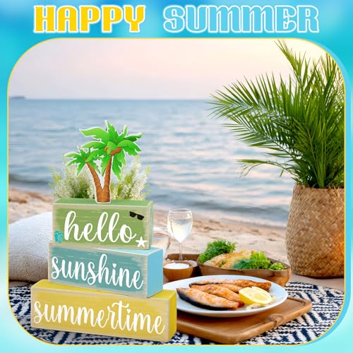 GlikCeil 4 Pcs Summer Wooden Tabletop Decor Hello Summer Tiered Tray Decor Sunshine Centerpiece Rustic Summertime Decorative Block Sign Gift Farmhouse Rustic Table Decoration for Home Kitchen Decors - style: Coconut Tree