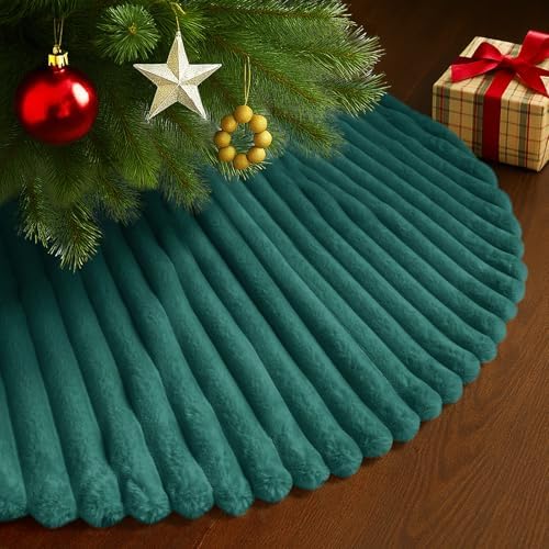 Faux Fur Christmas Tree Skirts, 48 inches Plush Fluffy Christmas Tree Skirt with Stripe Textured Pattern for Christmas Tree Decorations (122CM, DarkGreen Stripe)
