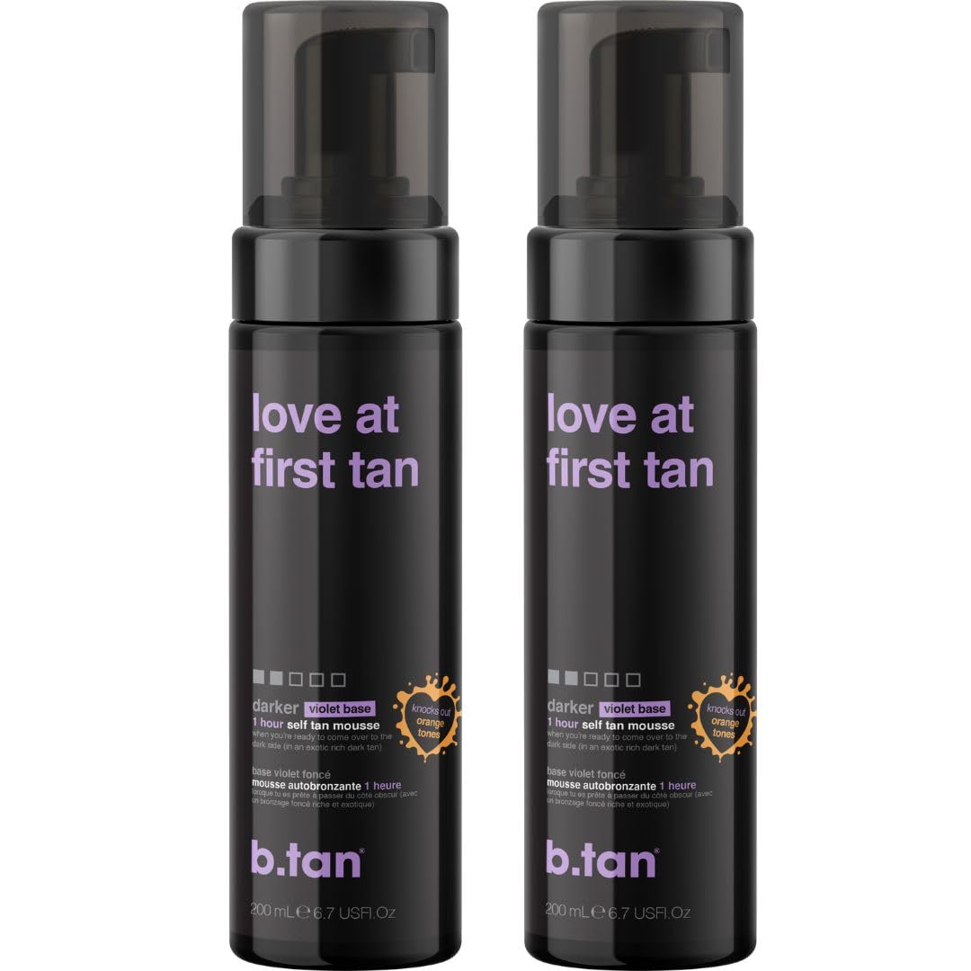 b.tan Violet Self Tanner Mousse Bundle | Love At First Tan - Best, 1 Hour Express Sunless Tanning Foam, Cancels Orange Tones, Dark Bronzing Glow, No Fake Tan Smell, Face & Body, 6.7 Fl Oz, Pack of 2